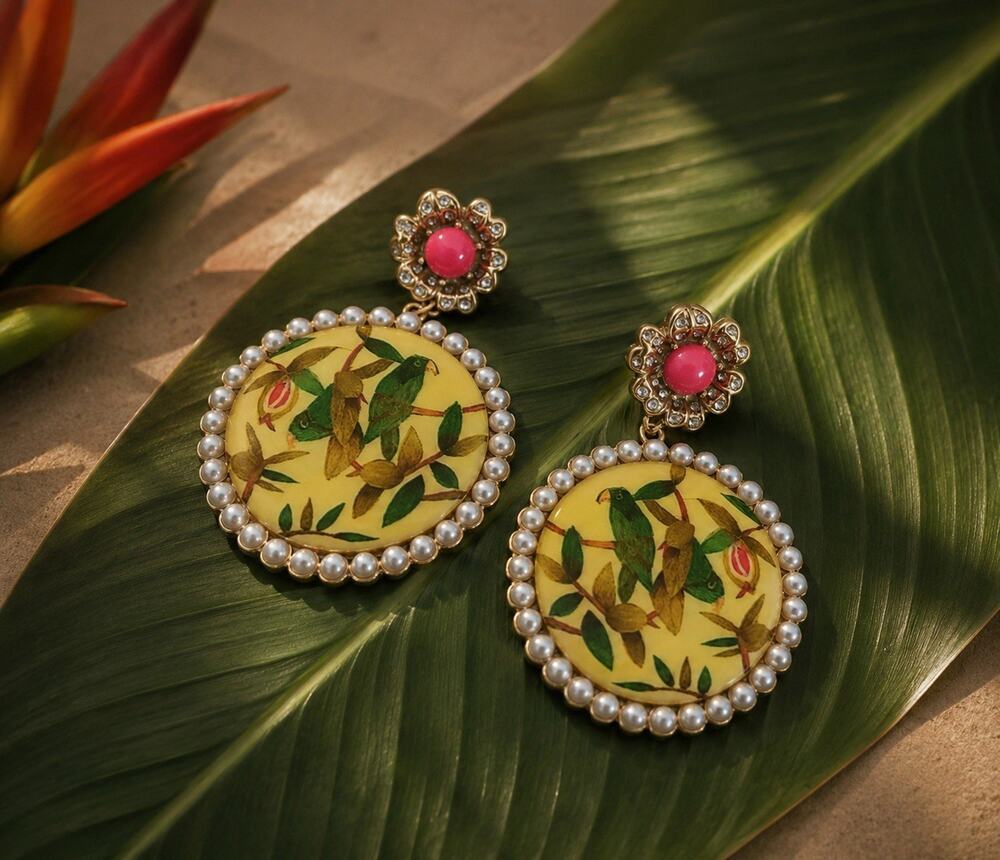 Bird Flower Pearl Antique Museum Earrings Parrot Fruit Statement Cottagecore VTG